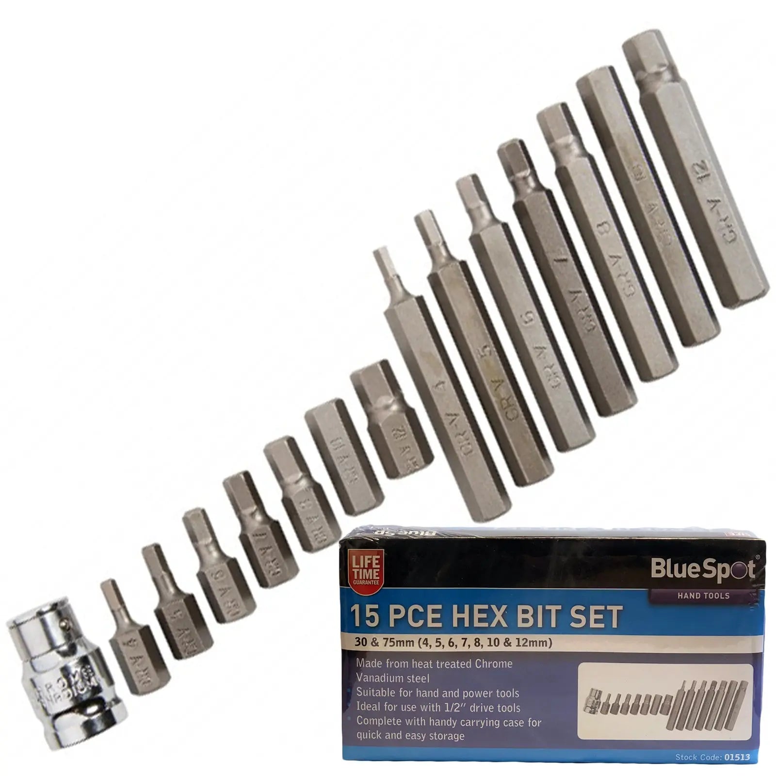 BlueSpot 15 Piece Hex Driver Bit Set 4-12mm 1/2" Drive Adaptor 