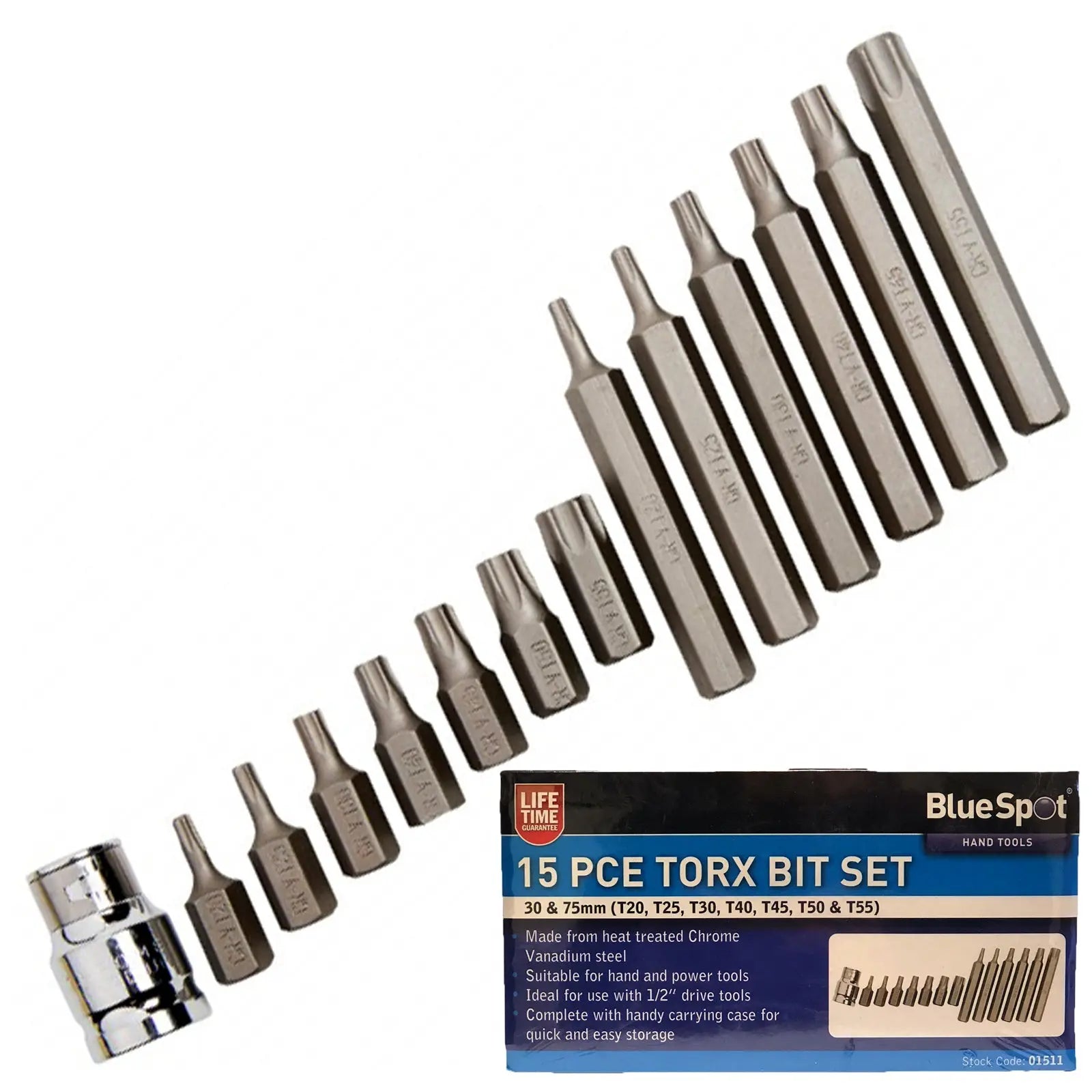BlueSpot 15 Piece Torx Driver Bit Set T20-T55 1/2" Drive Adaptor 