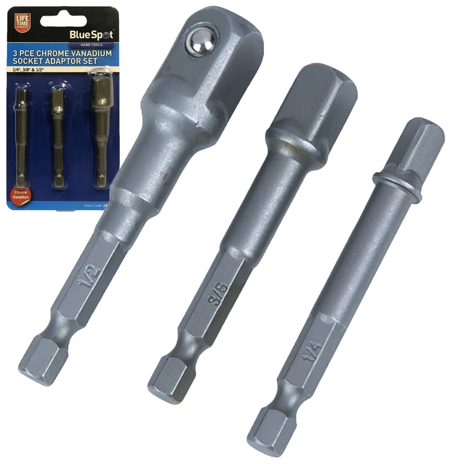 BlueSpot 3 Piece 1/4" Hex Socket Adaptor Set 1/4" 3/8" 1/2" Drive 