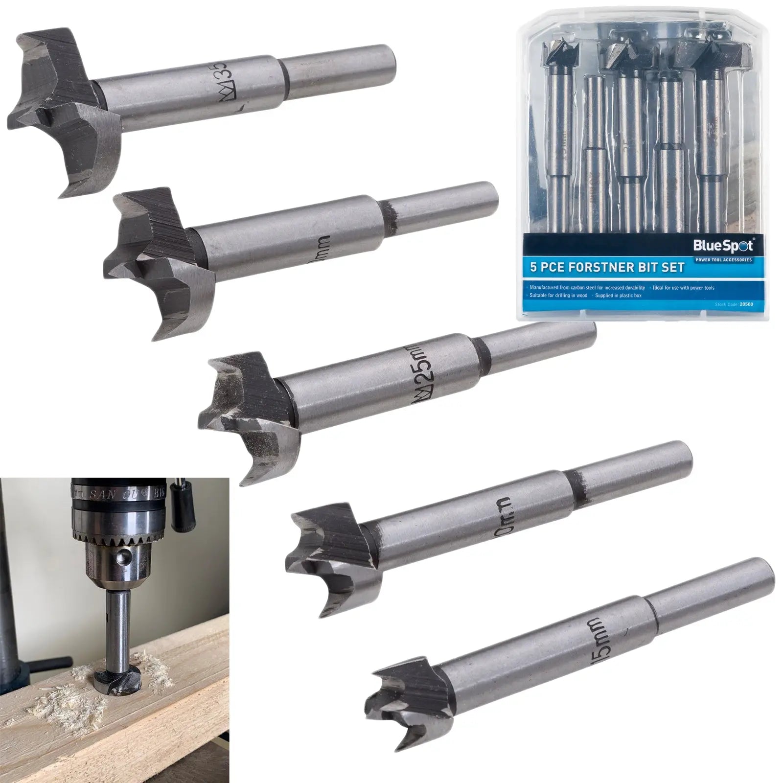 BlueSpot Forstner Wood Drill Bit Set 5 Piece Metric 15-35mm 