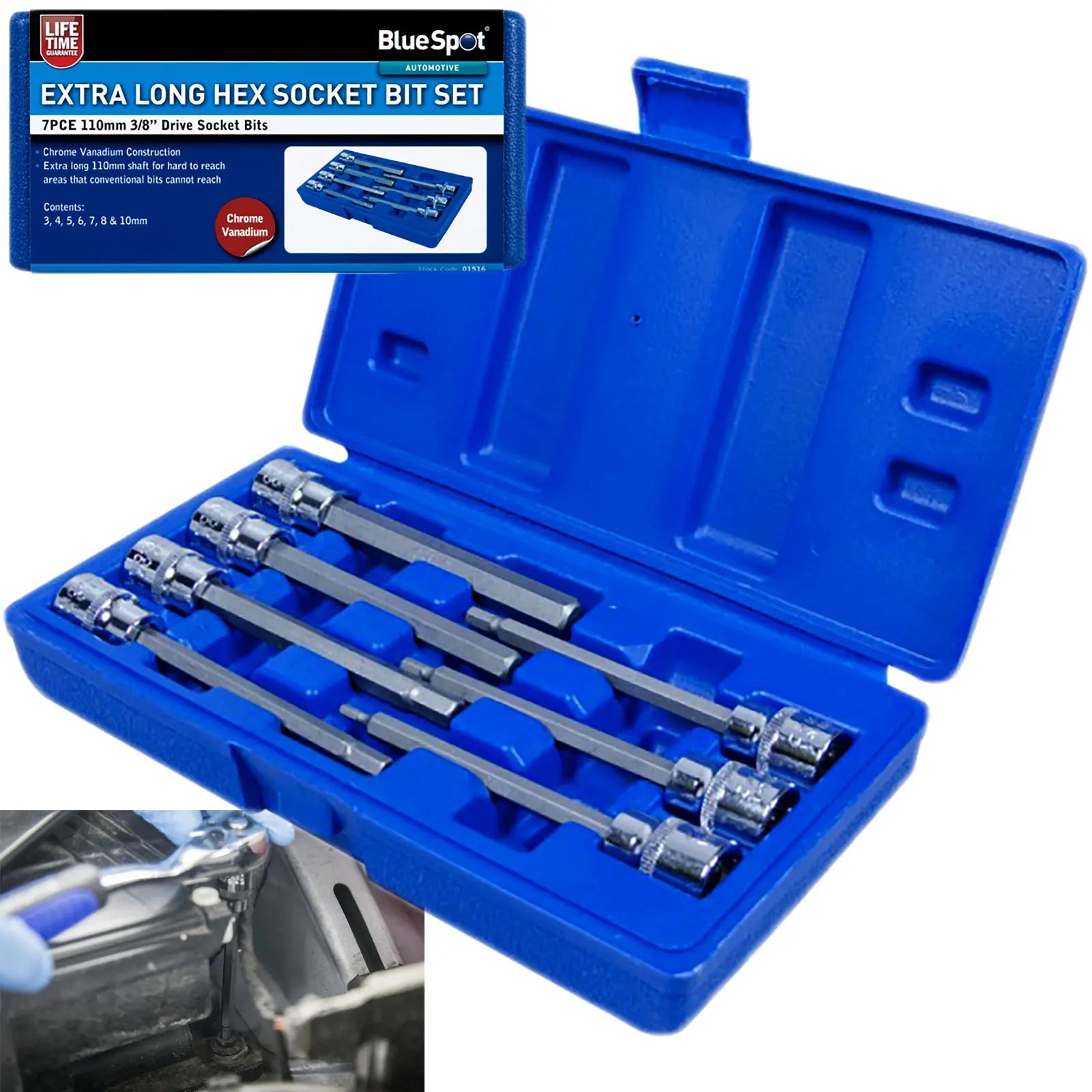 BlueSpot Hex Socket Bit Set 7 Piece 110mm 3/8" Drive Extra Long 3-10mm 