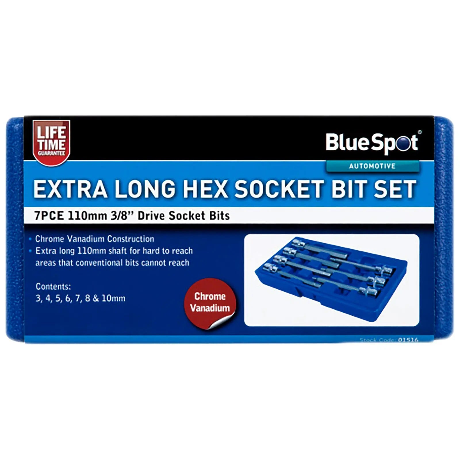 BlueSpot Hex Socket Bit Set 7 Piece 110mm 3/8" Drive Extra Long 3-10mm 
