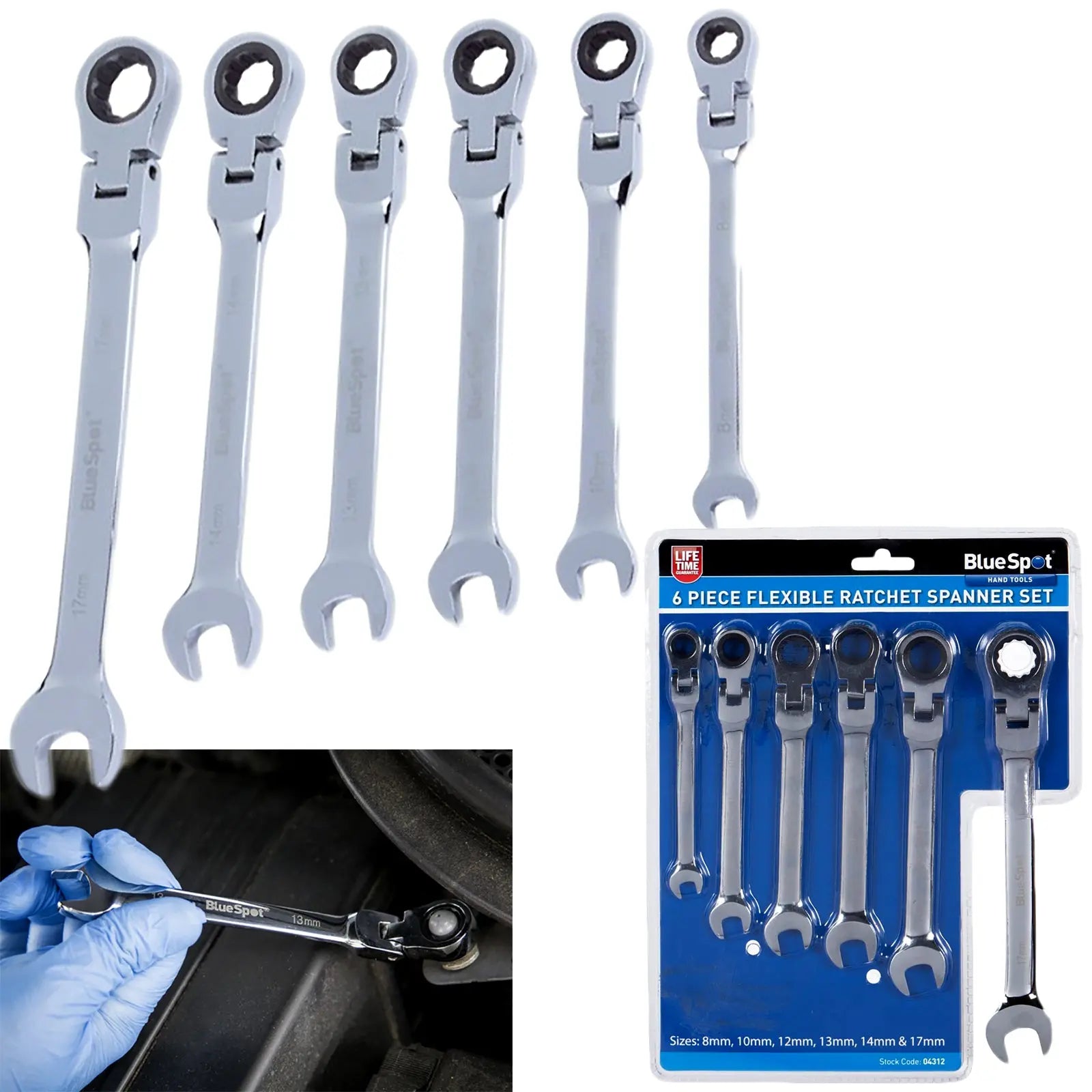 BlueSpot Ratchet Spanner Set Flexible Head Combination 6 Piece 8-17mm 