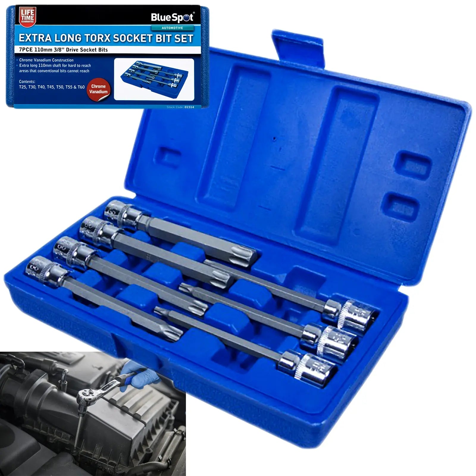 BlueSpot Torx Socket Bit Set Extra Long 7 Piece 110mm 3/8" Drive T25-T60 