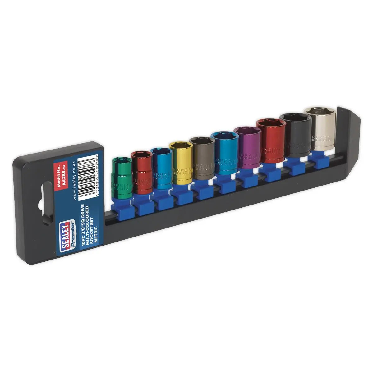 Sealey 10 Piece 3/8" Drive Coloured Socket Set 10-19mm Hex WallDrive 