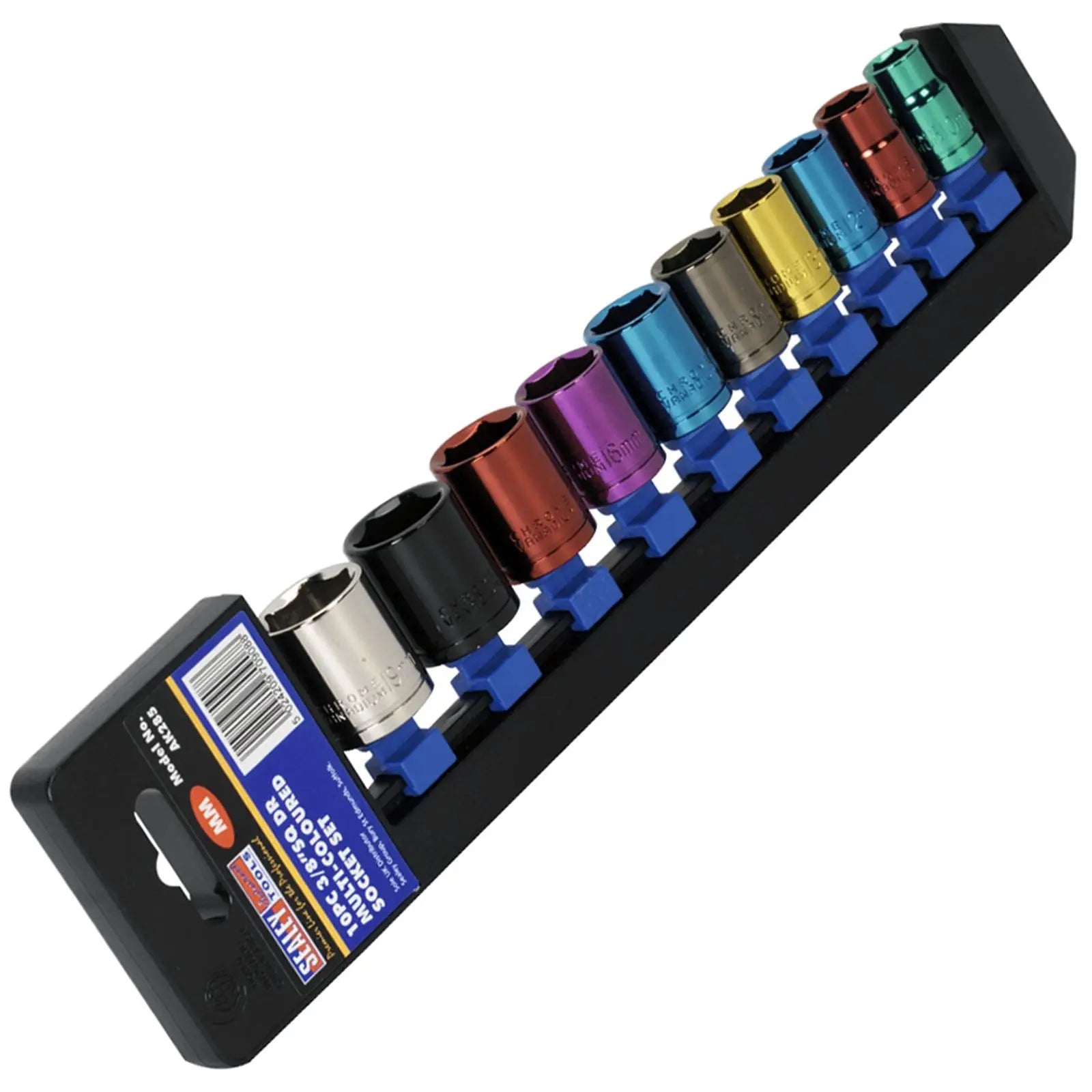 Sealey 10 Piece 3/8" Drive Coloured Socket Set 10-19mm Hex WallDrive 