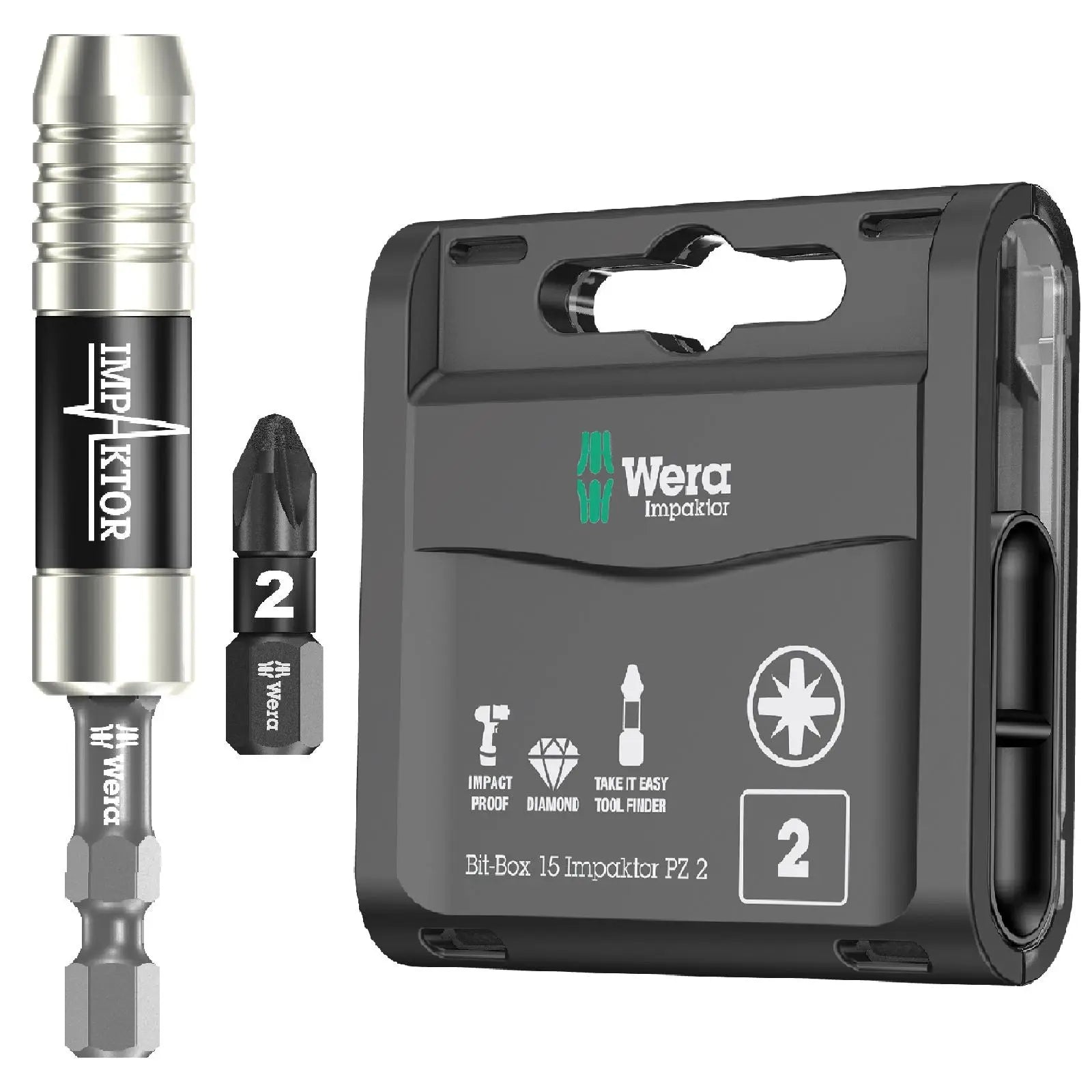 Wera Impaktor Bit Box PZ2 x 15 Bits Plus 897/4 Impaktor Magnetic Bit Holder 1/4" Hex 