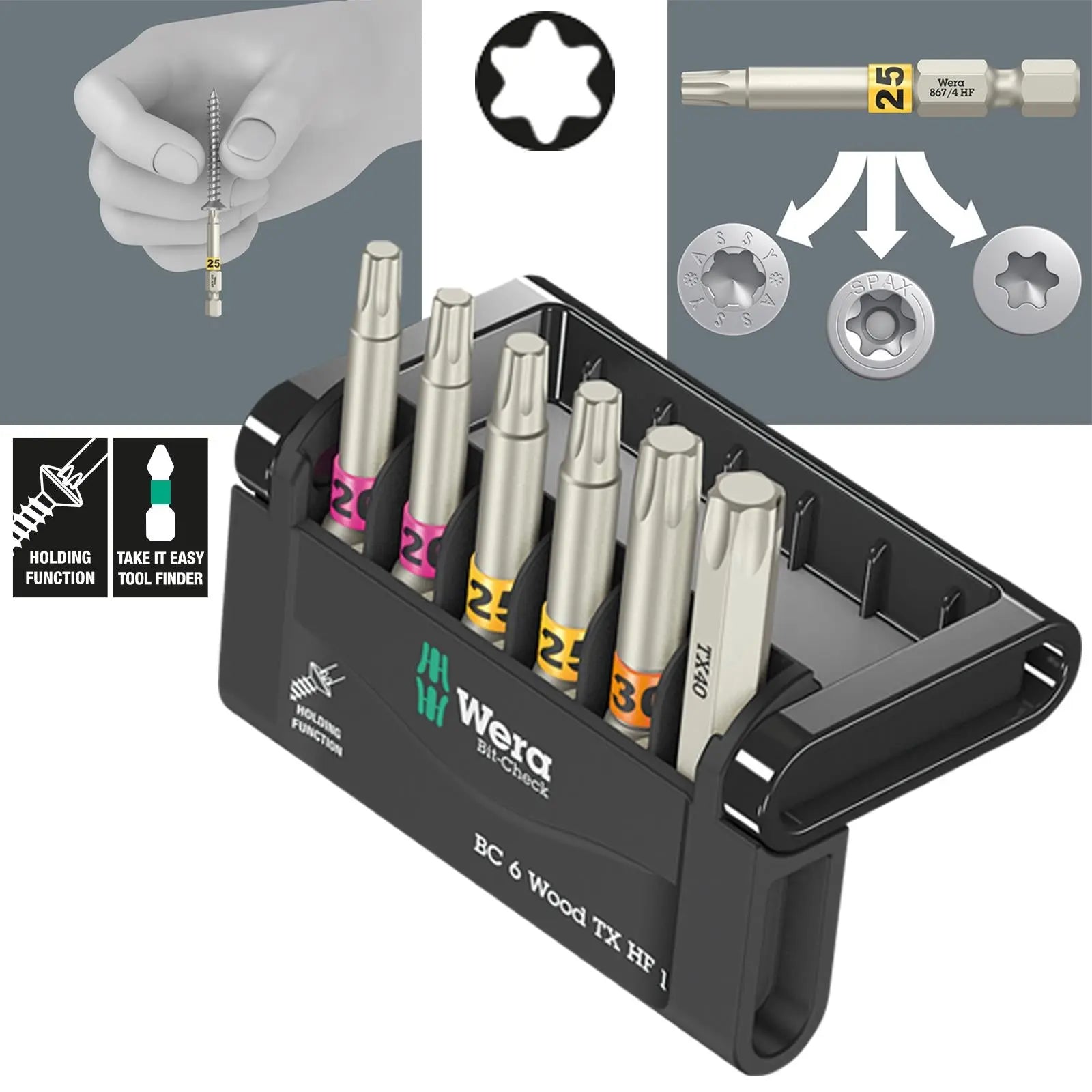 Wera Wood Screwdriver Bits Torx with Holding Function 6 Piece Bit-Check 6 Wood TX HF 1  White Rose Tools