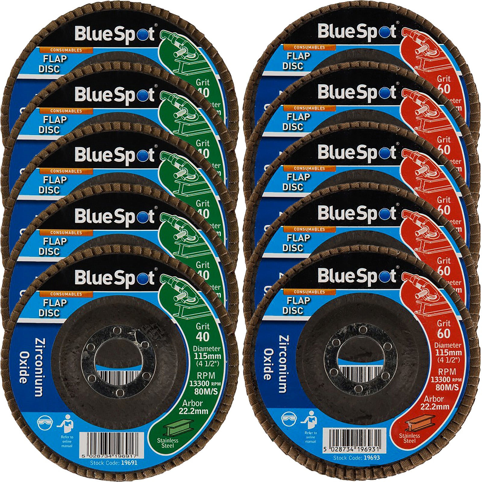 BlueSpot 115mm Zirconium Oxide Flap Sanding Discs 40-120 Grit