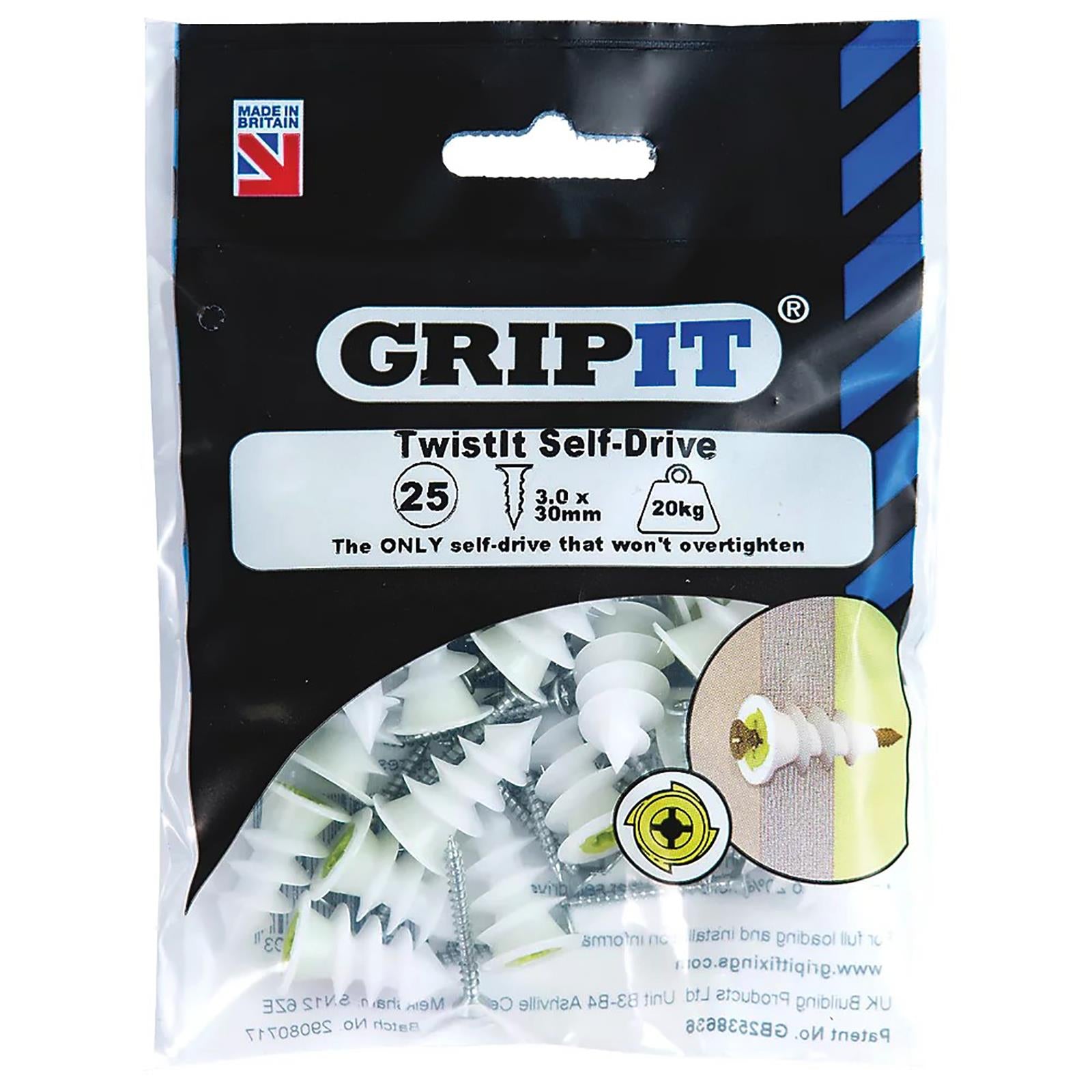 GripIt TwistIT Self Drive Plasterboard Fixings 25 Pack Holds up to 20kg
