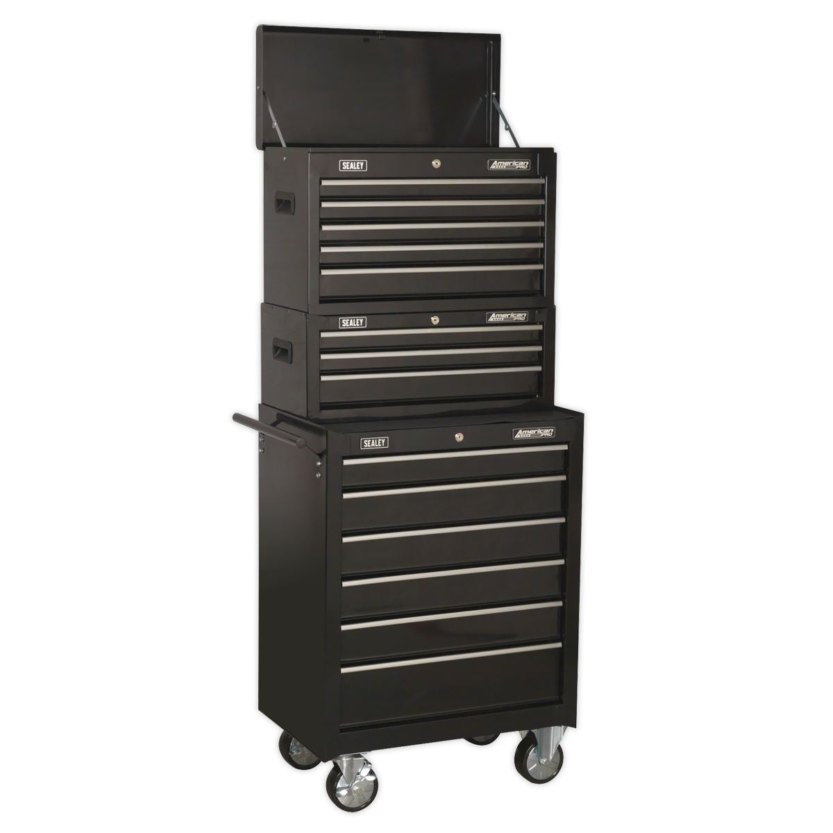 Sealey American Pro Topchest, Mid-Box Tool Chest & Rollcab 14 Drawer Stack - Black
