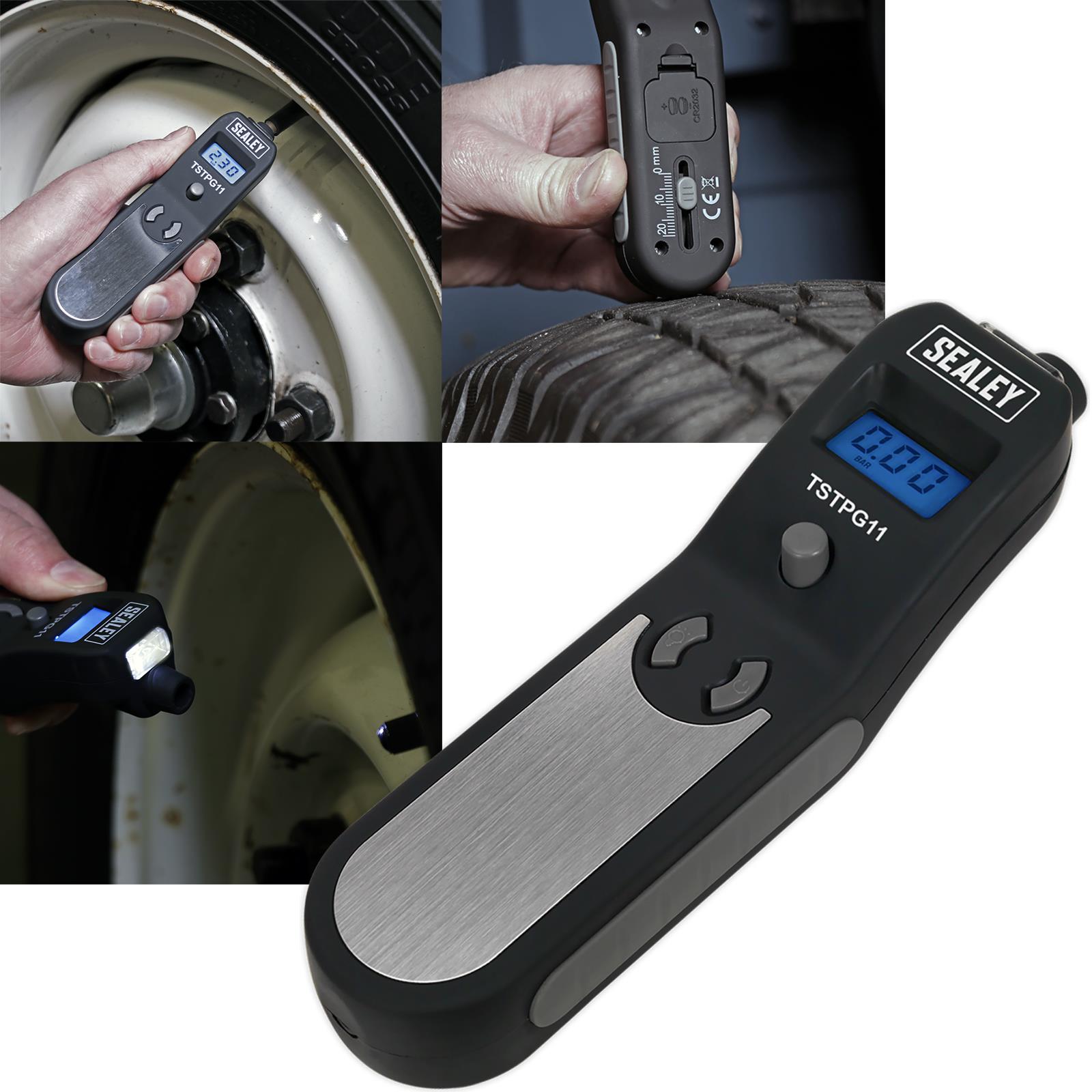 Sealey Digital Tyre Pressure and Tread Depth Gauge Work Light 0-20mm LED Display