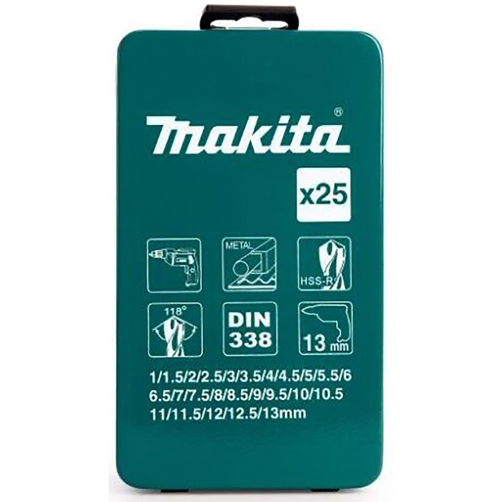 Makita Drill Bit Set HSS-R 25 Piece Roll Forged in Metal Case 1-13mm D-54097