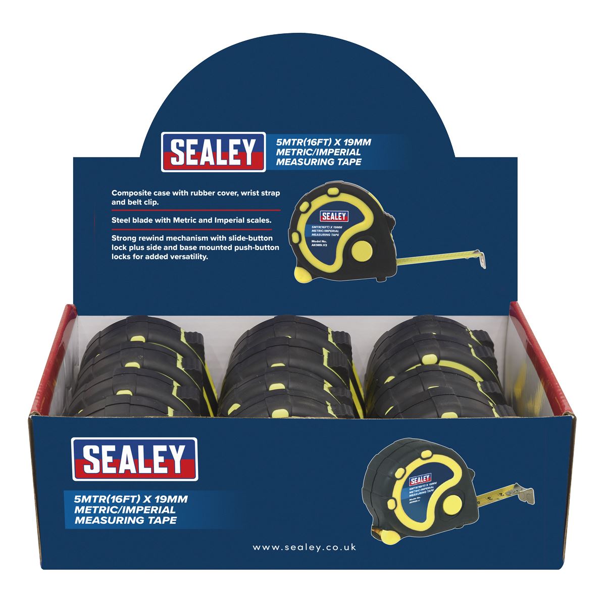 Sealey Rubber Tape Measure 5m(16ft) x 19mm Metric/Imperial Display Box of 12