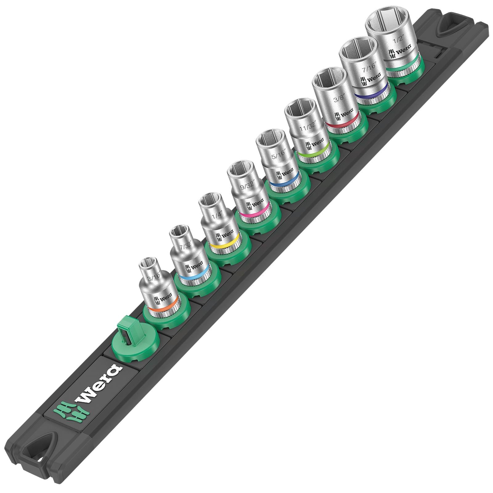 Wera Socket Set 1/4" Drive on Magnetic Socket Rail A Imperial 1 Zyklop 9 Pieces 3/16" to 1/2