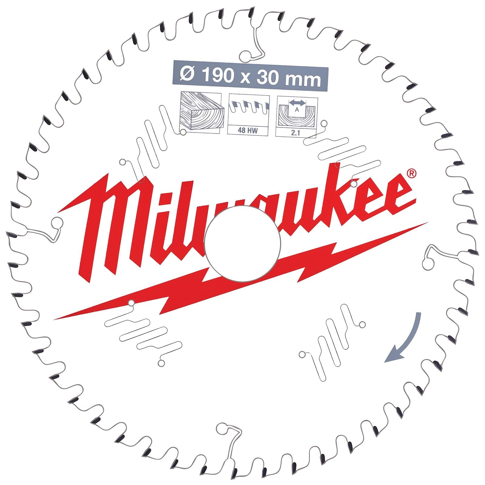 Milwaukee Circular Saw Blade for Wood Clean Cut 190mm x 30mm Bore x 2.1mm Width 48T ATB