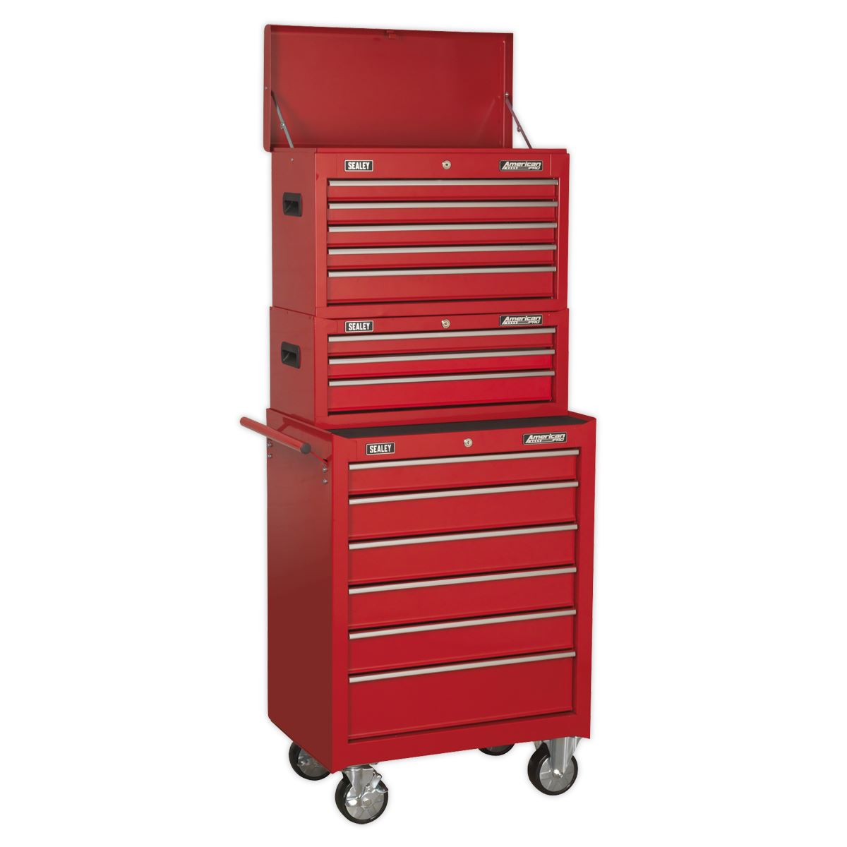 Sealey American Pro Topchest, Mid-Box Tool Chest & Rollcab 14 Drawer Stack - Red