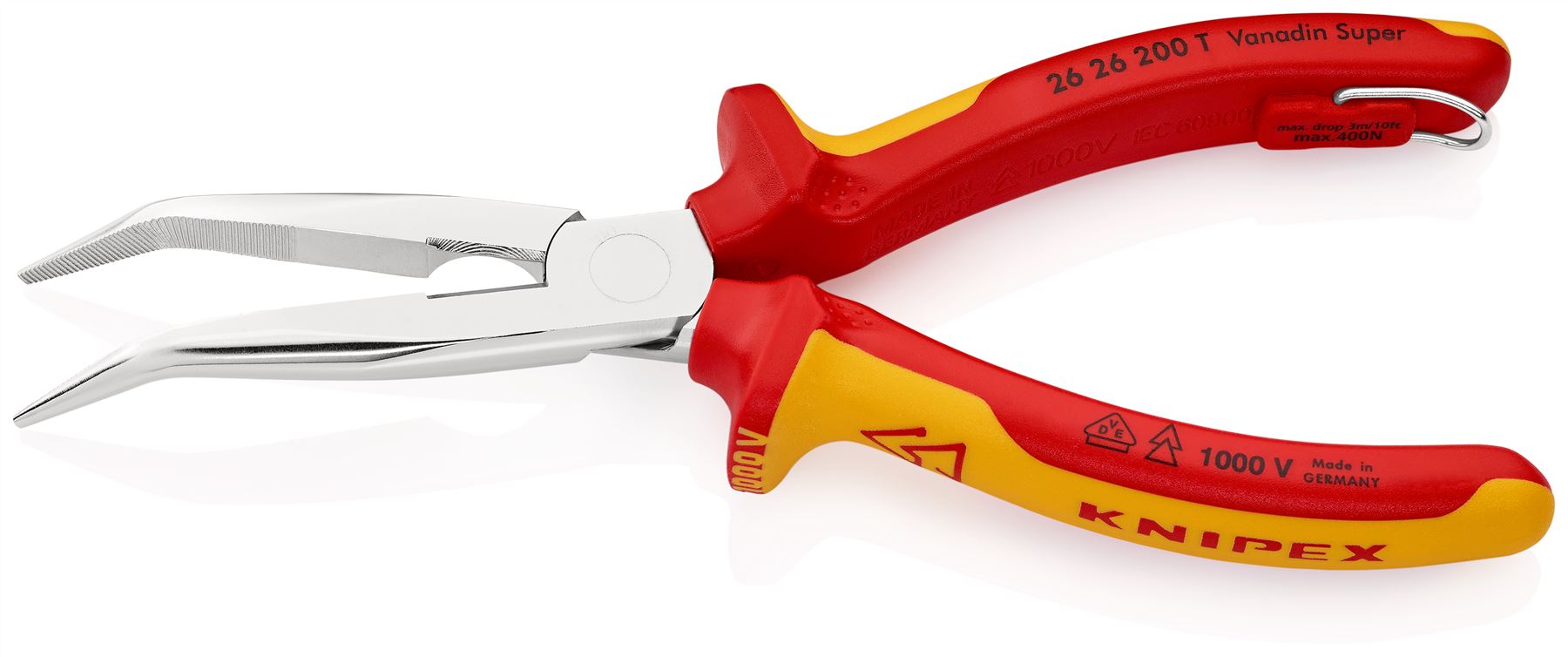 Knipex Snipe Nose Side Cutting Pliers 40° Bend 200mm VDE Insulated 1000V with Tether Point 26 26 200 T