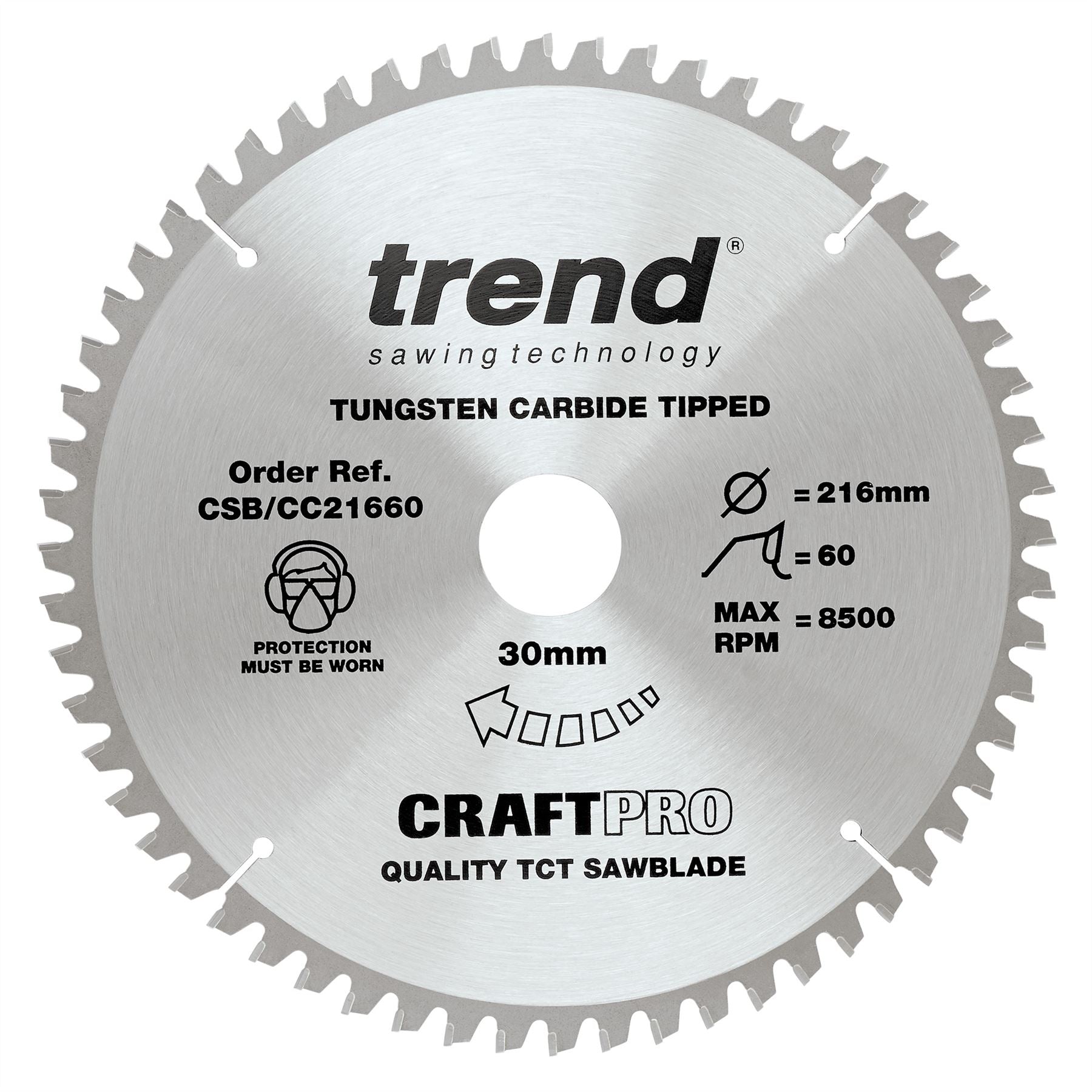 Trend Craft Pro 216mm Diameter 30mm Bore 60 Tooth Fine Finish Cut Saw Blade For Hand Held Circular Saws CSB/CC21660