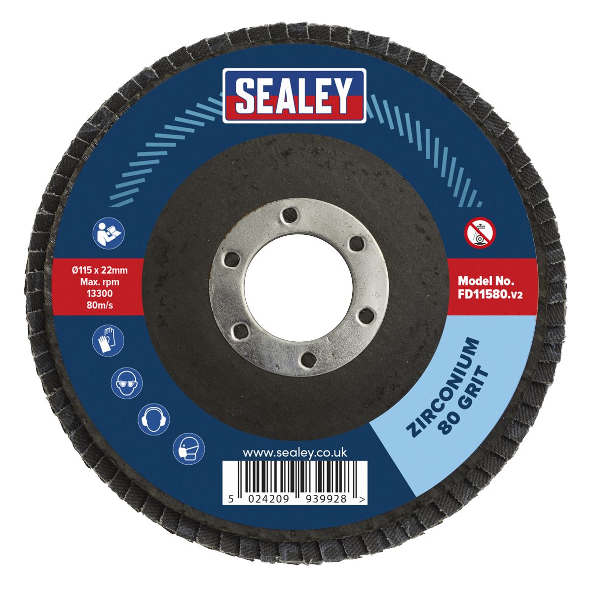 Sealey Flap Disc Zirconium Ø115mm Ø22mm Bore 80Grit