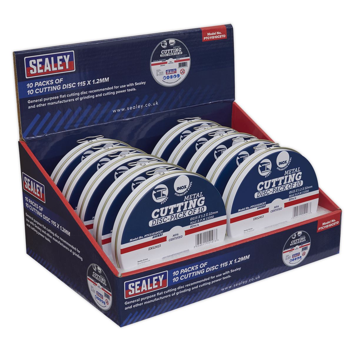 Sealey Cutting Disc 115 x 1.2mm Countertop Display Box 10 Packs of 10