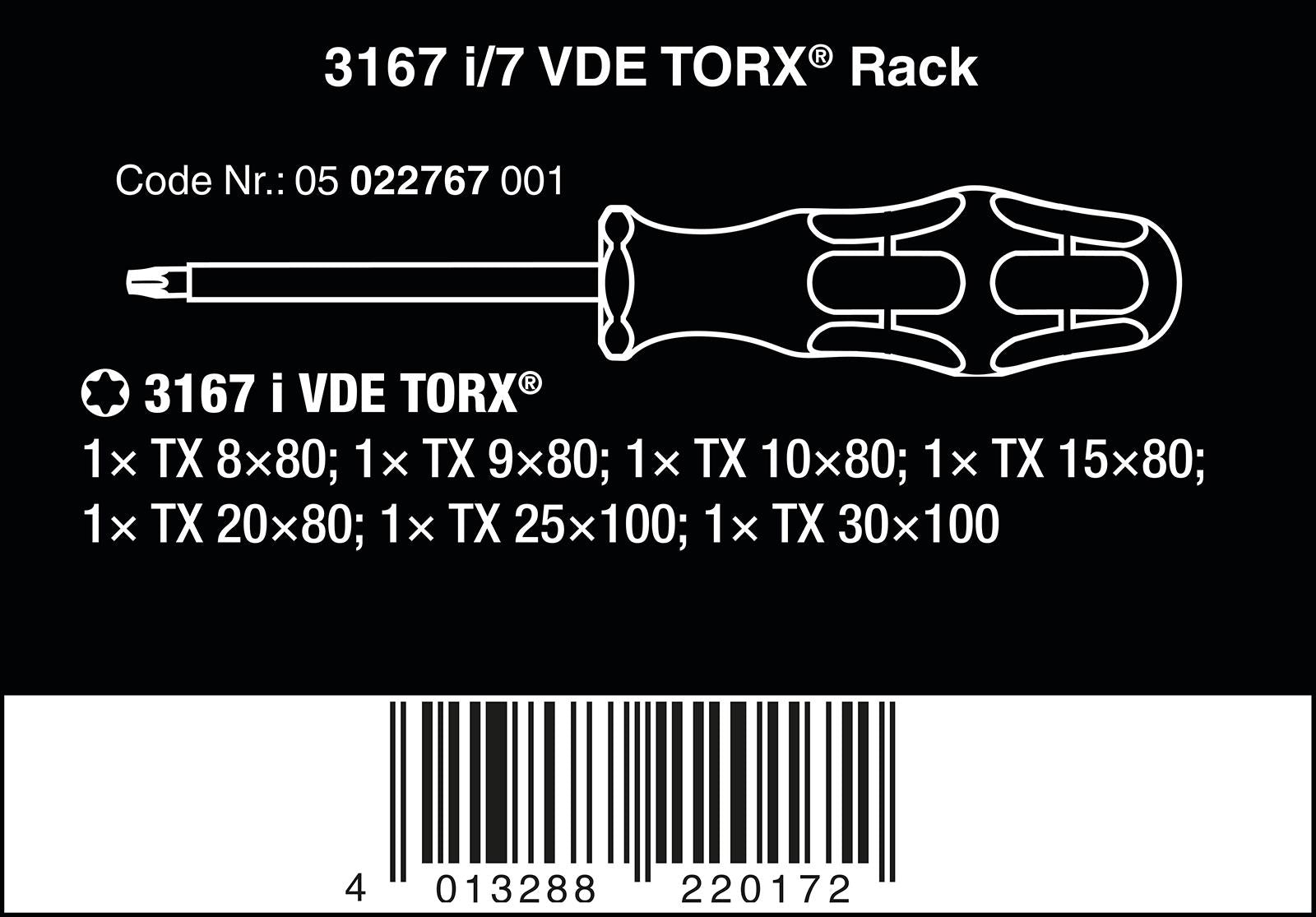 Wera Screwdriver Set VDE Insulated Stainless Steel 3167 i/7 Torx in Rack 7 Piece T8-T30