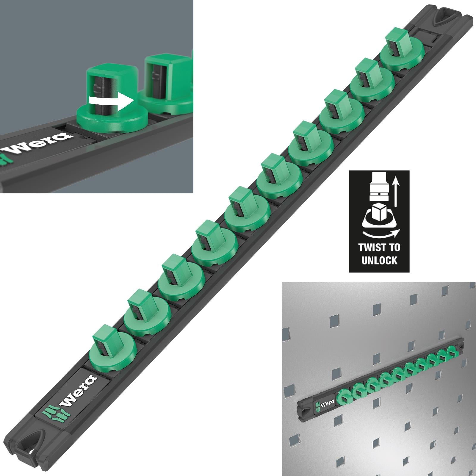 Wera Magnetic Socket Rail 3/8" Drive Twist to Unlock 9601 Empty 10 Socket Capacity 340mm