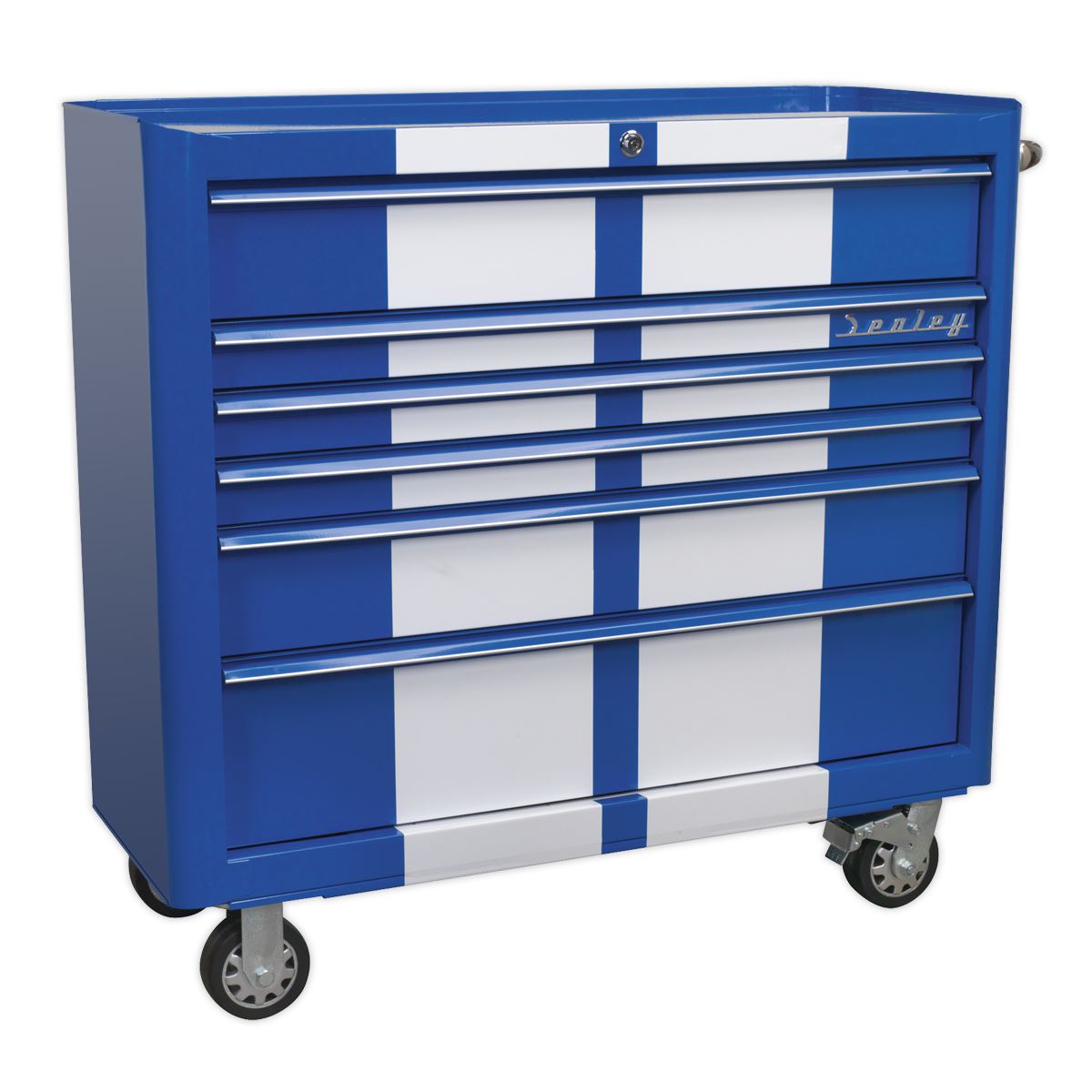 Sealey Premier Rollcab 6 Drawer Wide Retro Style - Blue with White Stripes
