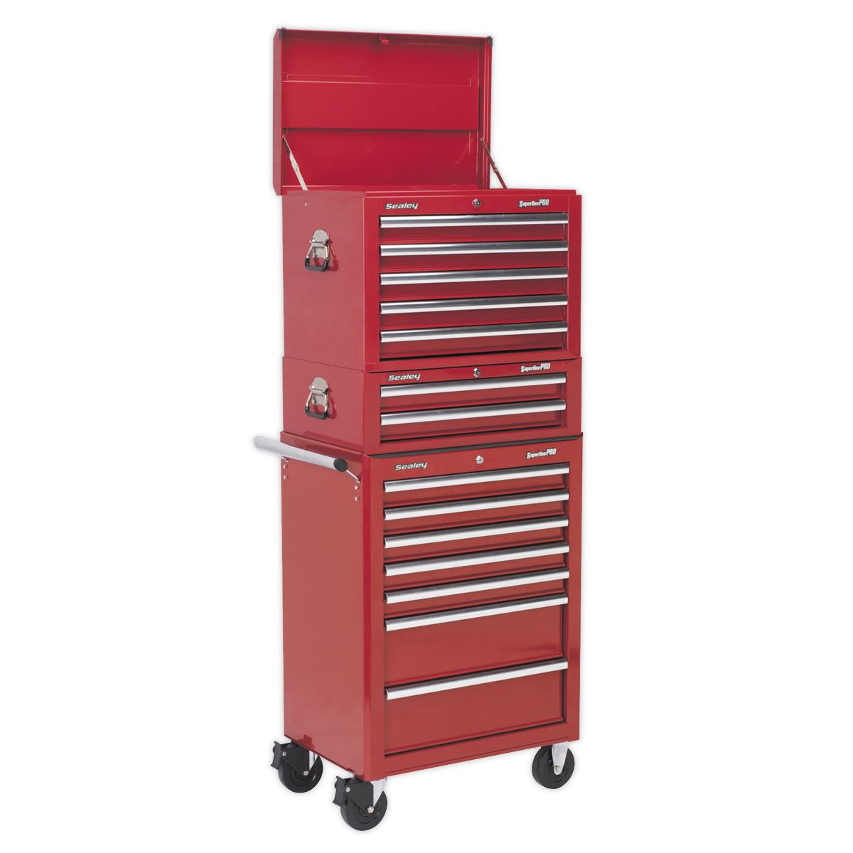 Sealey Superline Pro Topchest, Mid-Box Tool Chest & Rollcab Combination 14 Drawer with Ball-Bearing Slides - Red