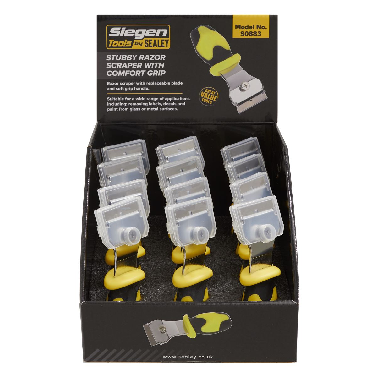 Siegen by Sealey Razor Scraper with Comfort Grip Stubby Display Box of 12