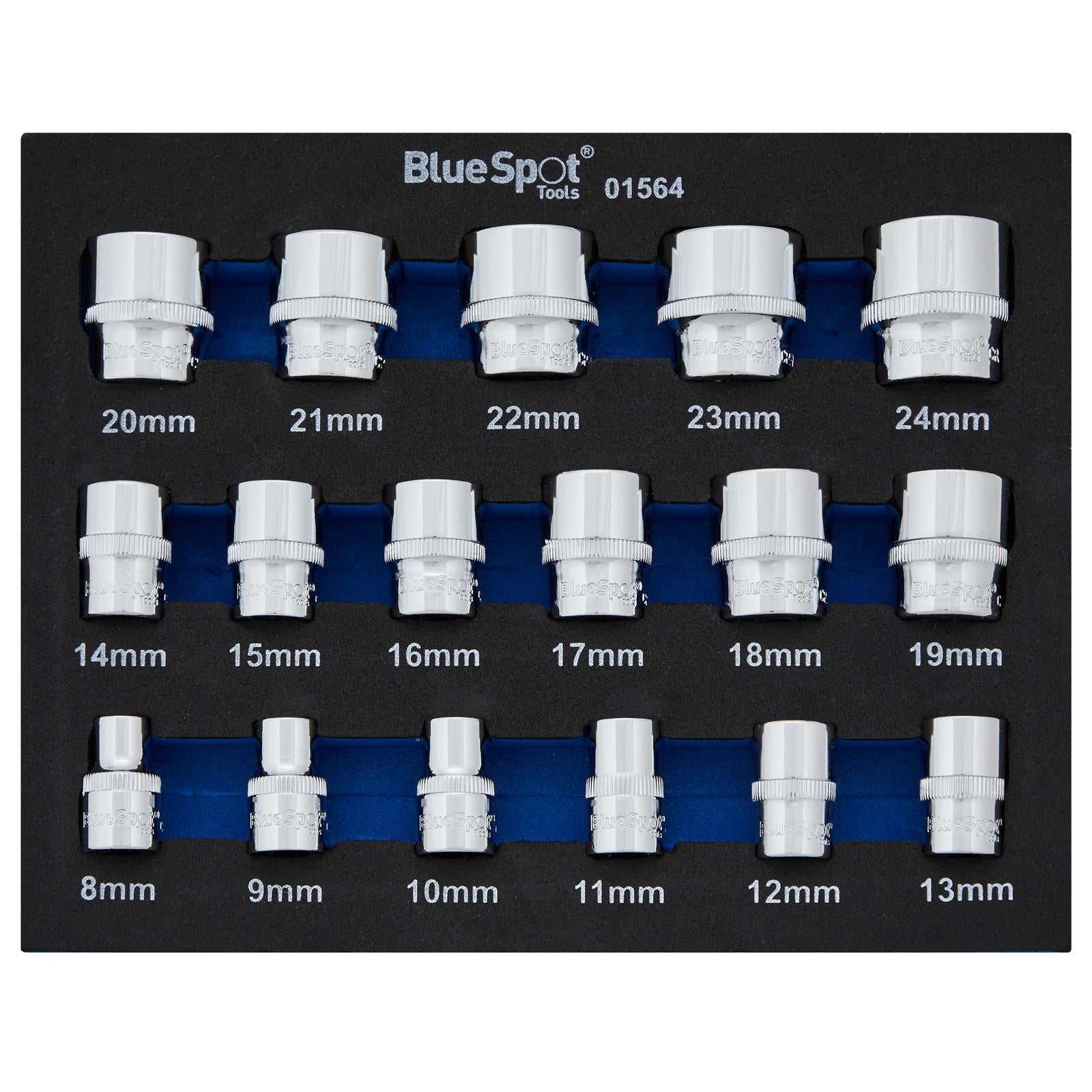 BlueSpot Shallow Socket Set in EVA Foam 17 Piece 3/8" Drive Metric 8-24mm