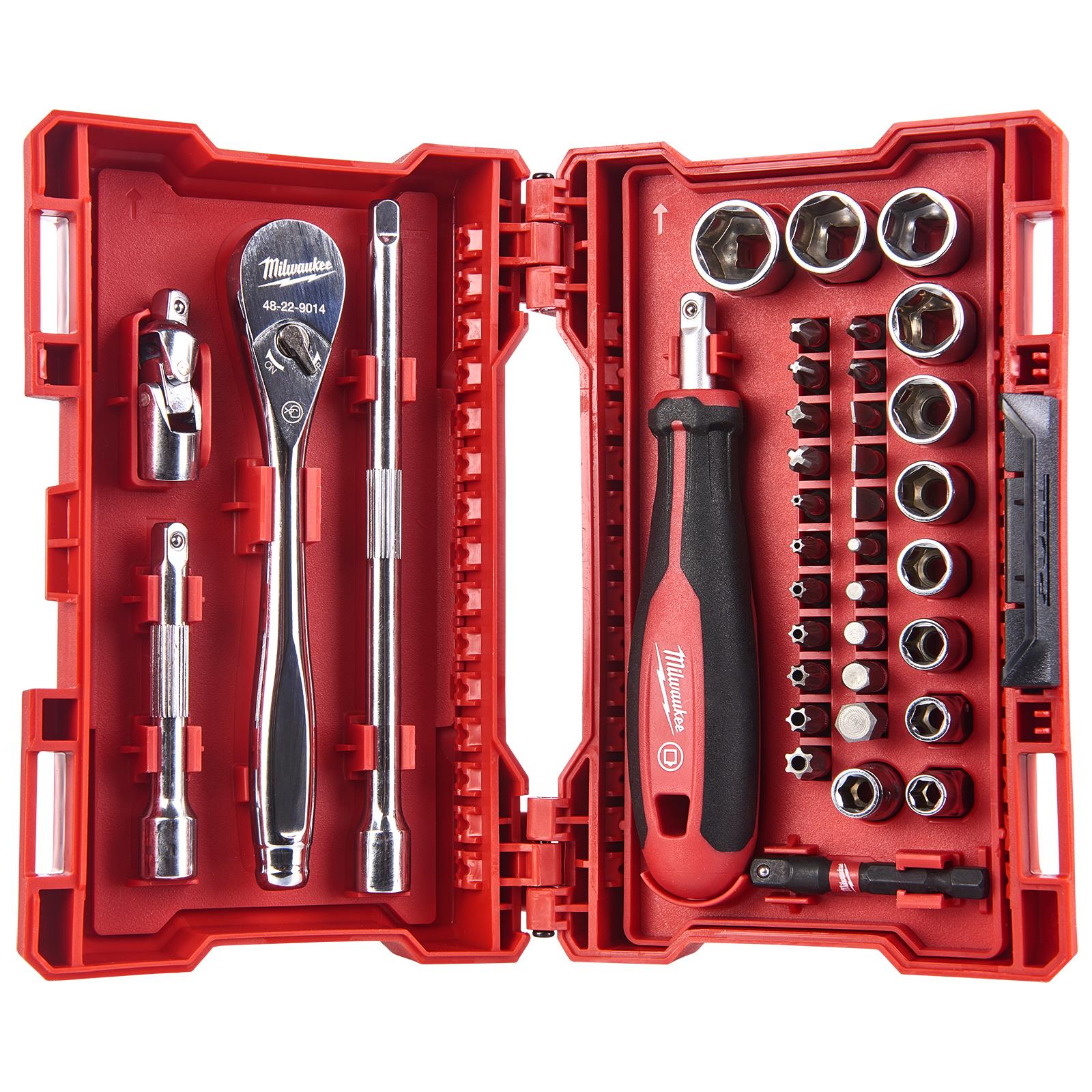 Milwaukee Ratchet Wrench Driver and Socket Set 1/4" in Case 90 Tooth Handle