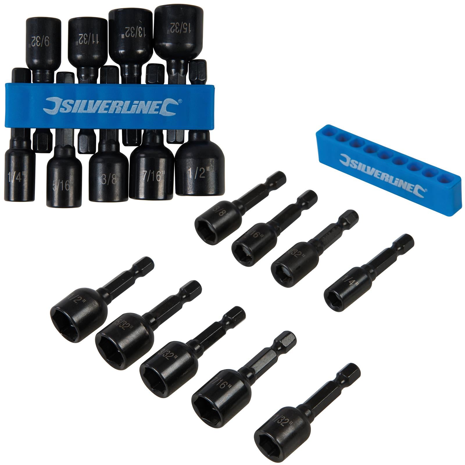 Silverline 9 Piece Imperial Magnetic Nut Driver Set 1/4"-1/2" Hex Drill Socket Adaptor