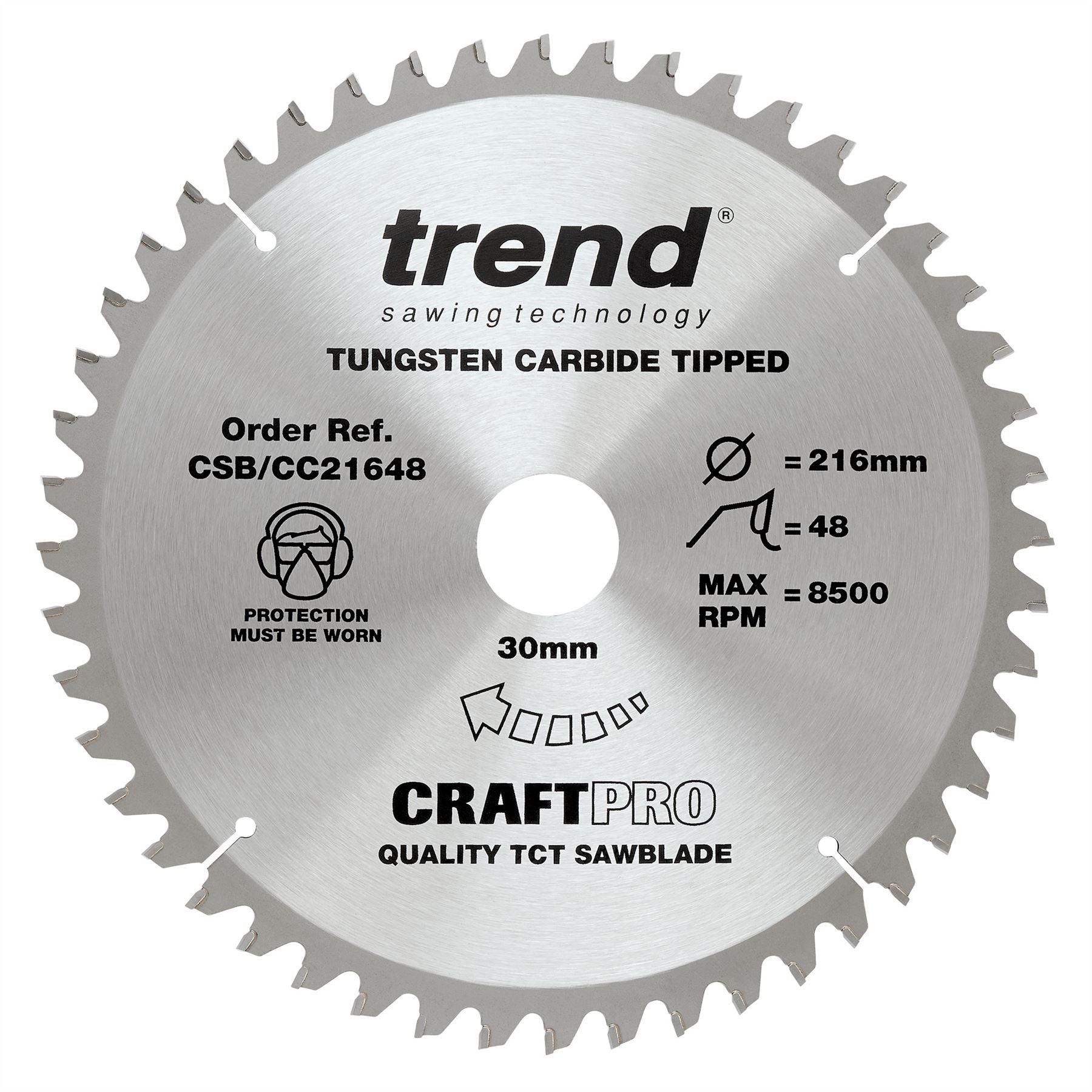 Trend Craft Pro 216mm Diameter 30mm Bore 48 Tooth Medium/Fine Cut Saw Blade For Mitre Saws CSB/CC21648