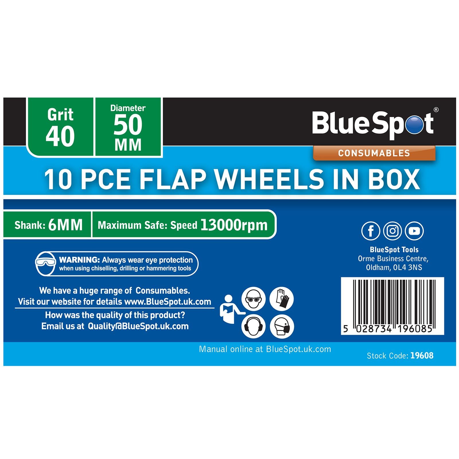 BlueSpot Flap Wheels In Box 10 Pieces 40 Grit 50mm