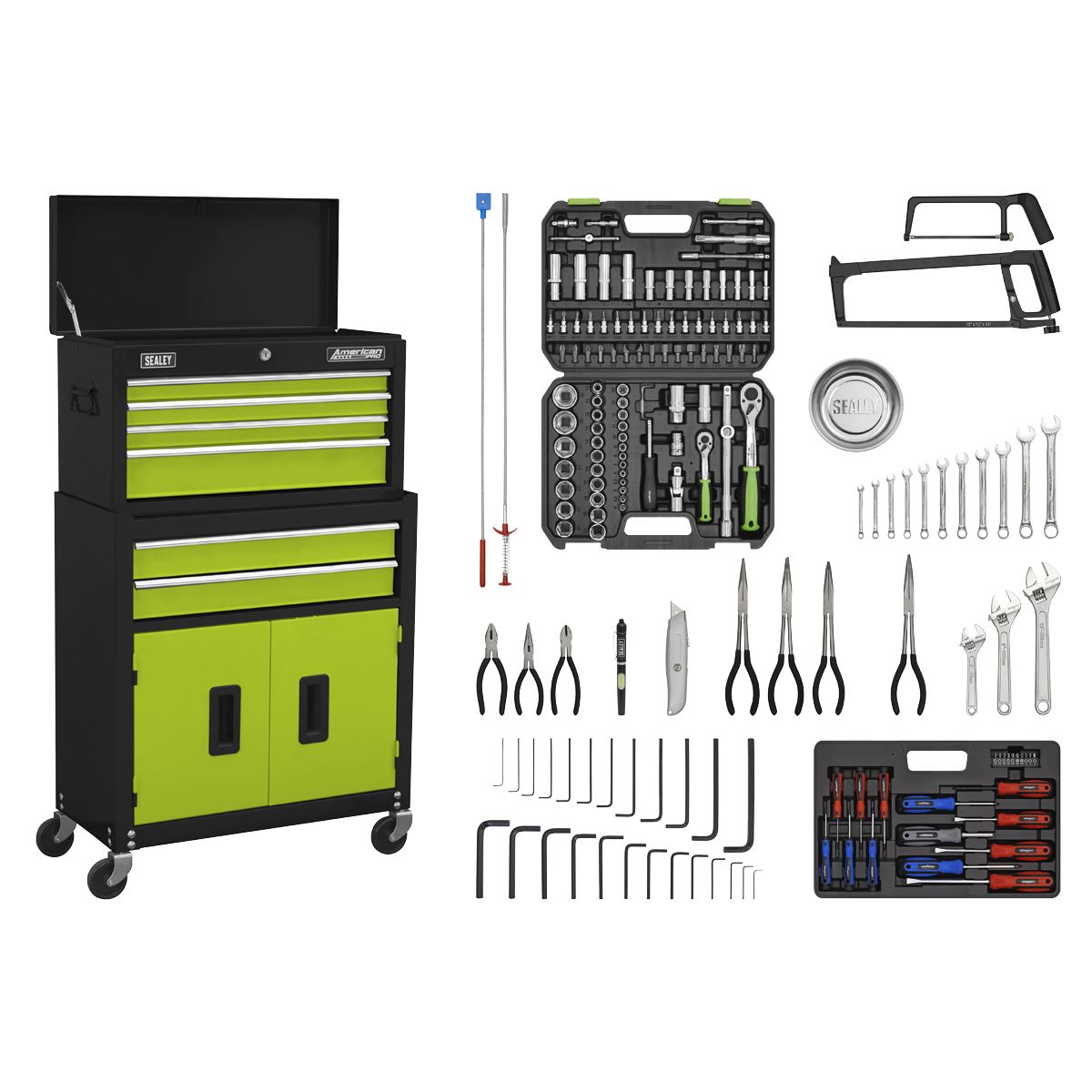 Sealey American Pro Topchest & Rollcab Combination 6 Drawer with Ball-Bearing Slides - Green/Black & 170pc Tool Kit
