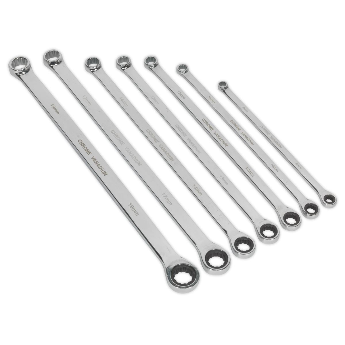 Sealey Premier Double Ring Ratchet/Fixed Spanner Set 7pc Extra-Long Metric