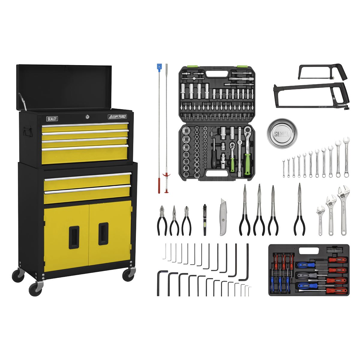 Sealey American Pro Topchest & Rollcab Combination 6 Drawer with Ball-Bearing Slides - Yellow/Black & 170pc Tool Kit