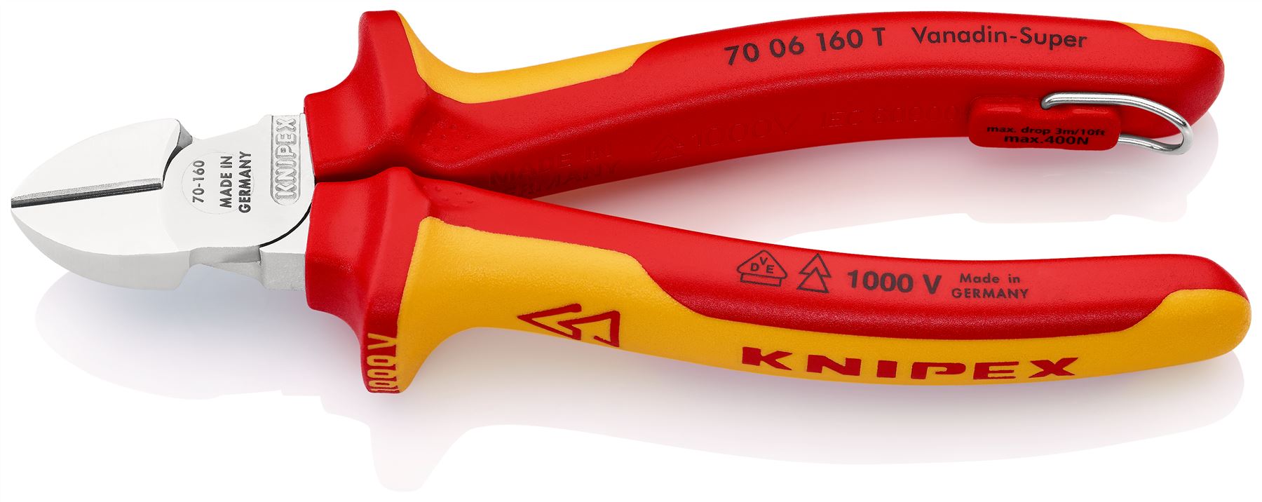 Knipex Diagonal Cutter Side Cutting Pliers 160mm Chrome VDE Insulated 1000V with Tether Point 70 06 160 T