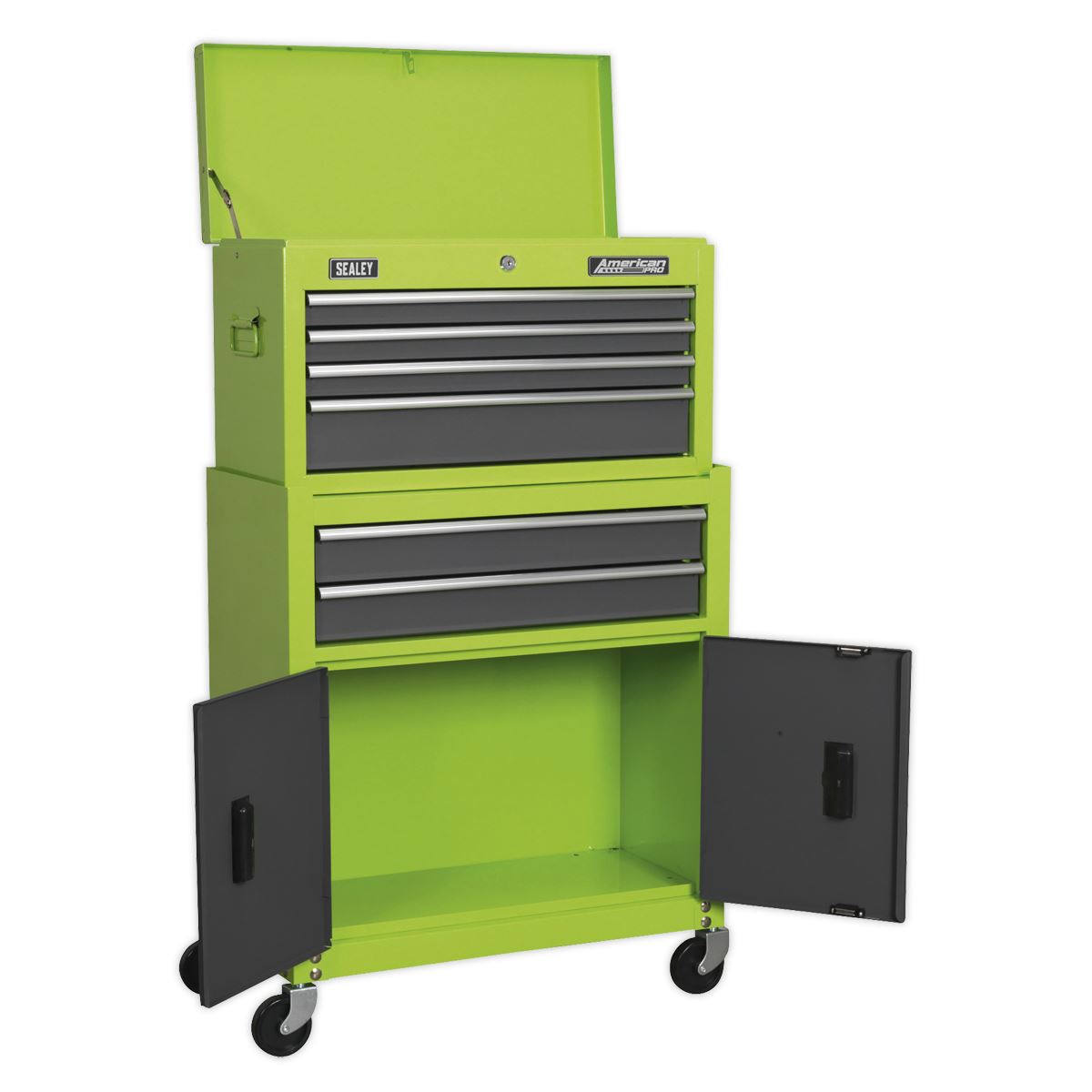 Sealey American Pro Topchest & Rollcab Combination 6 Drawer with Ball-Bearing Slides - Hi-Vis Green/Grey