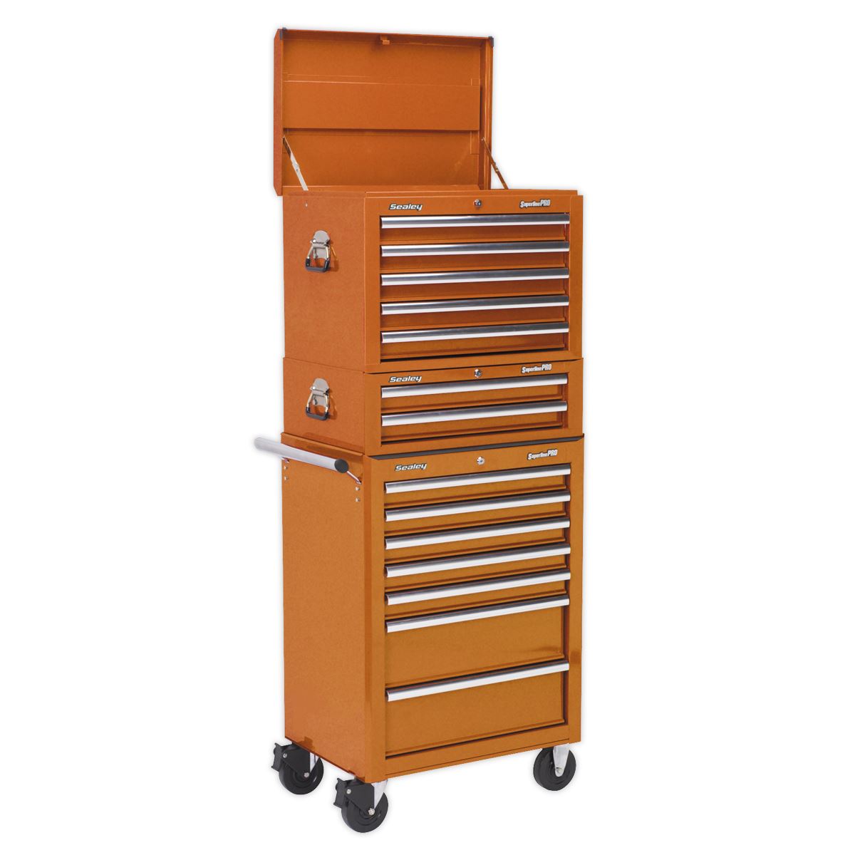 Sealey Superline Pro Topchest, Mid-Box Tool Chest & Rollcab Combination 14 Drawer with Ball-Bearing Slides - Orange