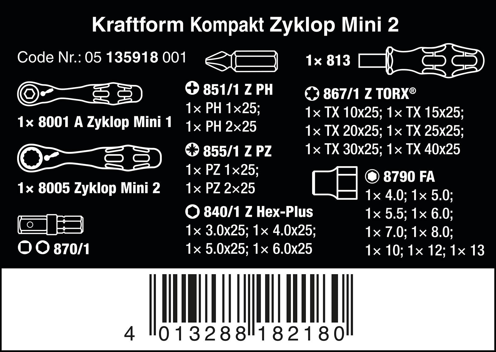 Wera Screwdriver Bit and Socket Set 27 Piece Kraftform Kompakt Zyklop Mini 2 1/4" Hex 1/4" Square Drive