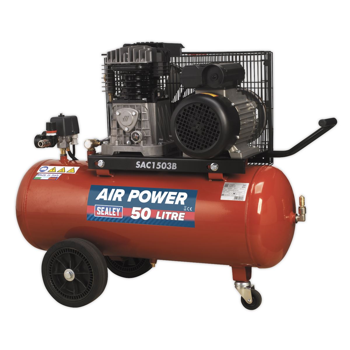 Sealey Air Compressor 50L Belt Drive 3hp with Cast Cylinders & Wheels
