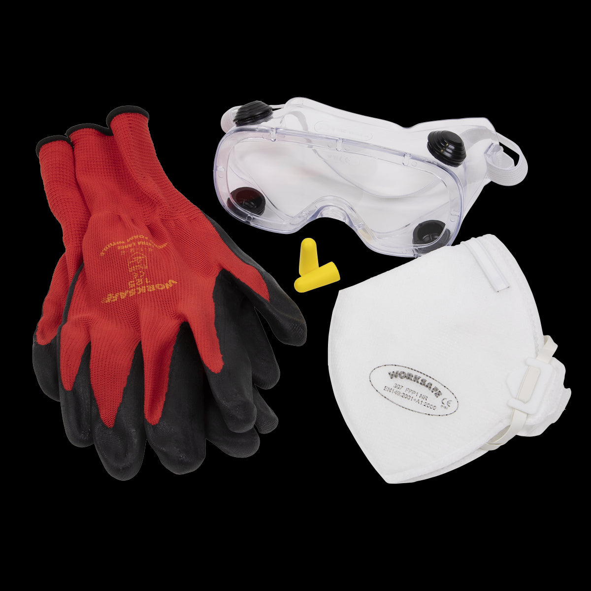 Worksafe by Sealey Flexi Grip Gloves, FFP1 Mask, Goggles & Ear Plugs