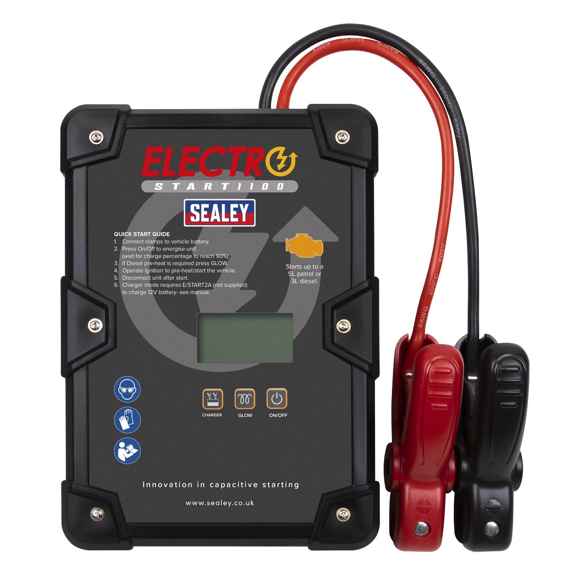Sealey 1100A 12V Electrostart Batteryless Jump Pack 5L Petrol 3L Diesel Simple & Safe