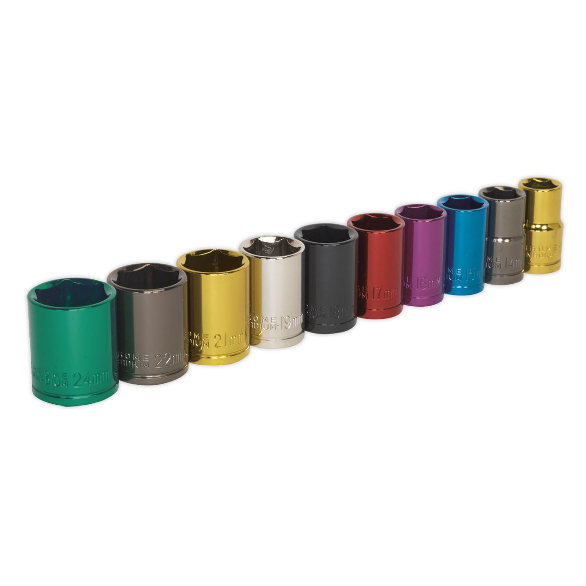 Sealey 10 Piece 1/2" Drive Coloured Socket Set 13-24mm WallDrive