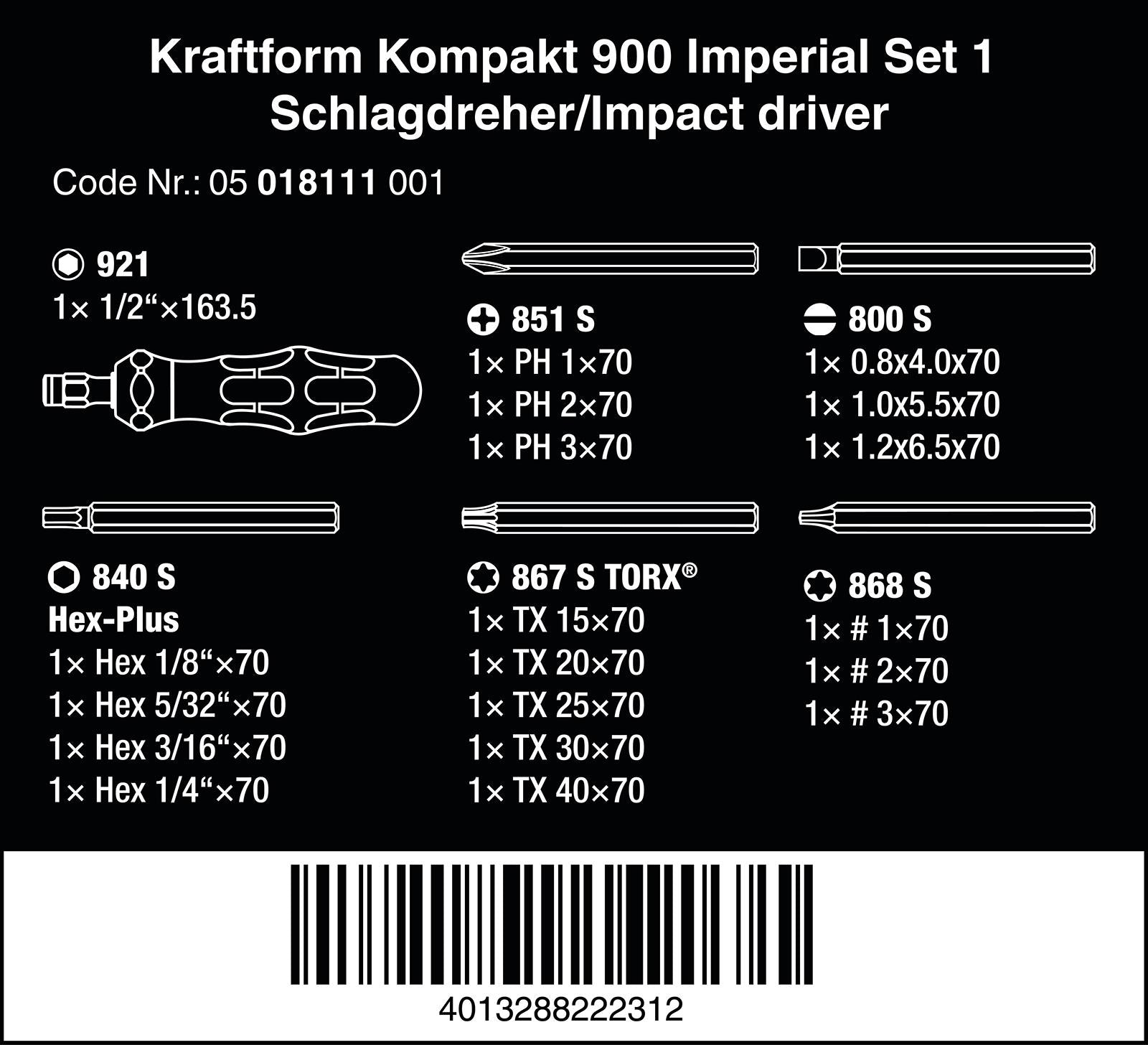 Wera Impact Screwdriver Kraftform Kompakt 900 Imperial Set 1 19 Pieces in Case
