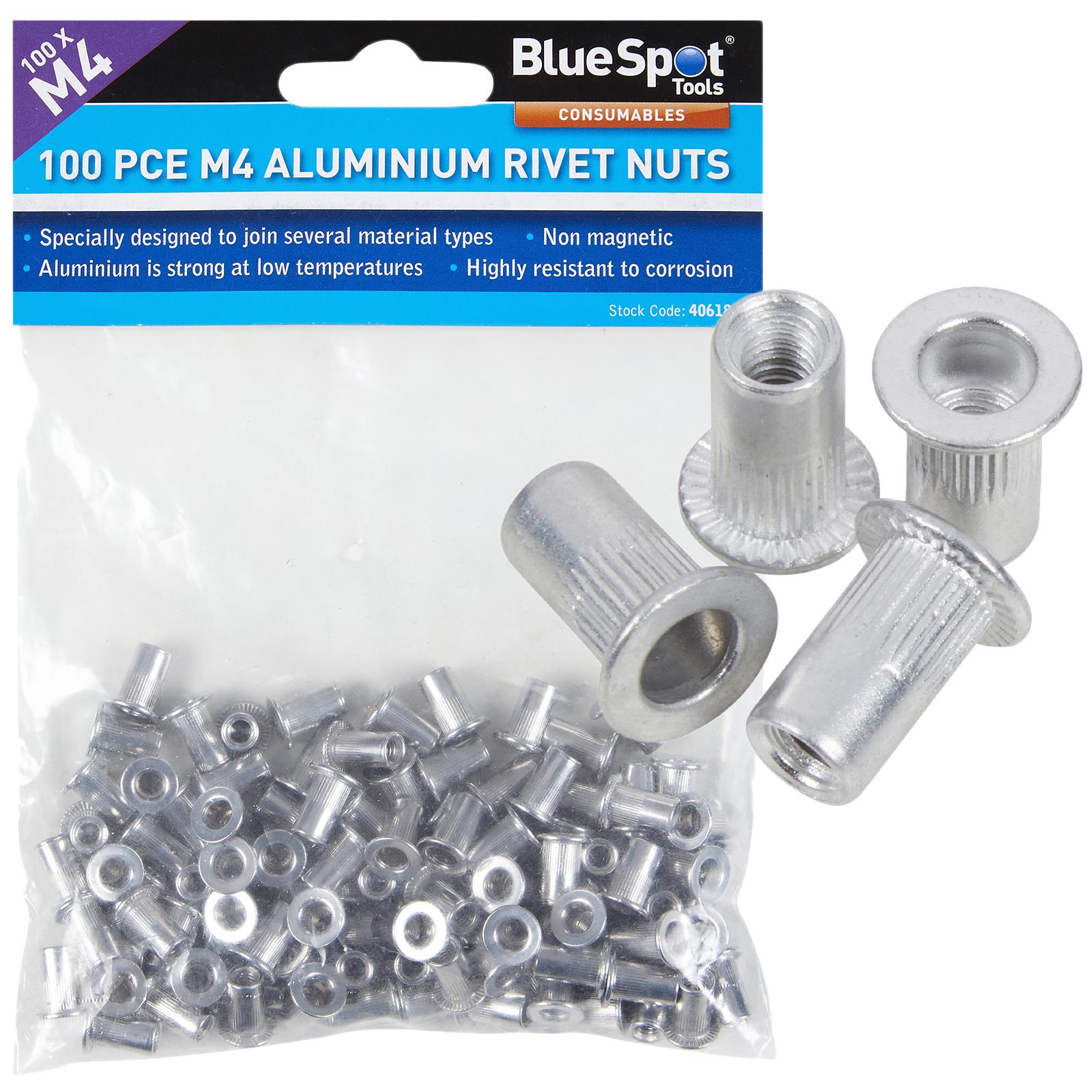 BlueSpot Aluminium Rivet Nuts M4 100 Piece Rivnuts