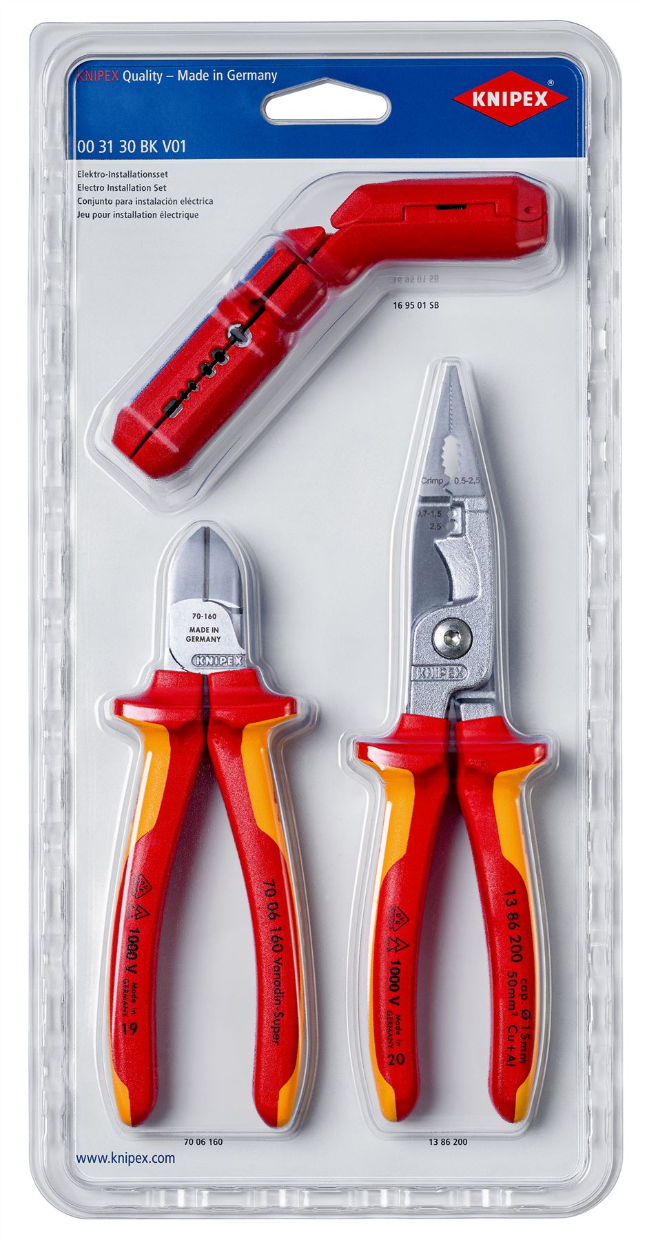 Knipex Electro Electrical Installation Set 3 Piece Kit ErgoStrip 160mm Diagonal Cutters Pliers 00 31 30 BK V01