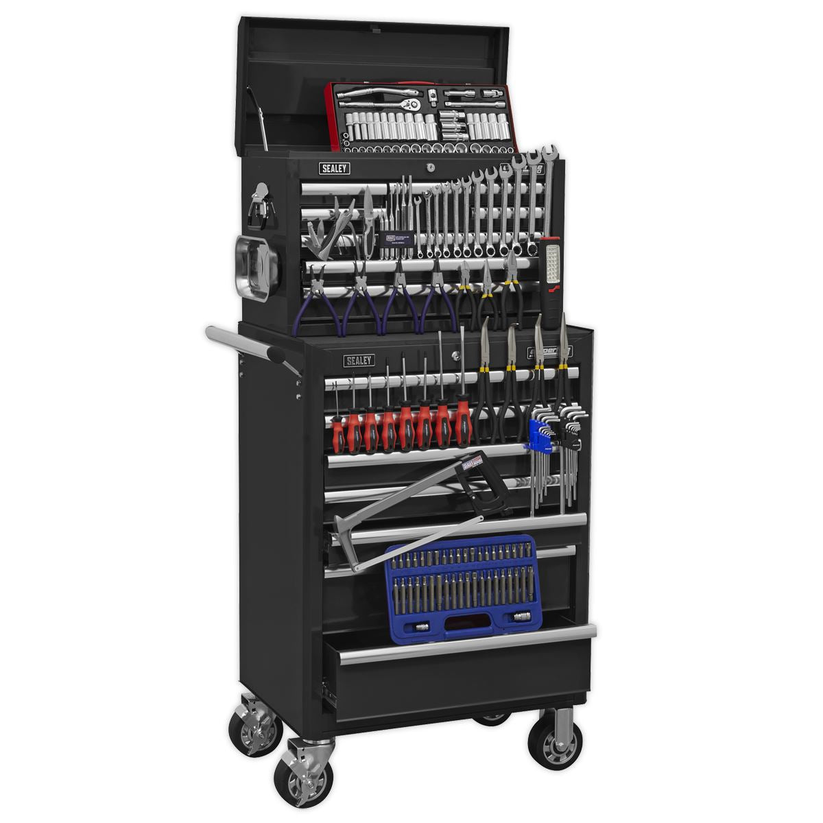 Sealey Superline Pro Topchest & Rollcab Combination 15 Drawer with Ball-Bearing Slides - Black & 148pc Tool Kit